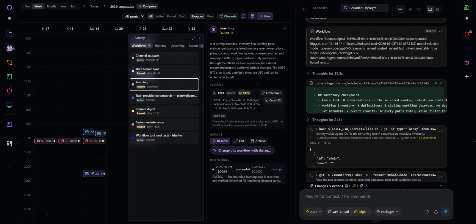 Neuralis workspace with Calendar and Chat open in a configured installation