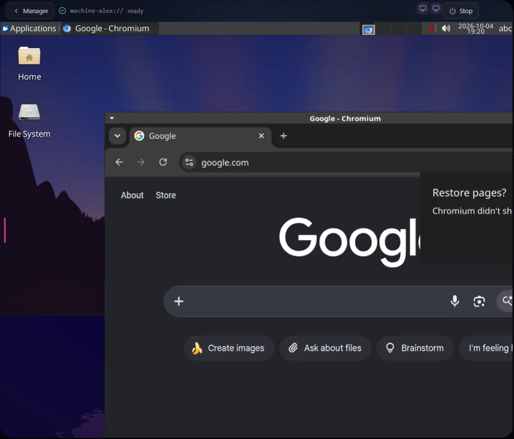 The complete Neuralis Machine app displaying a Linux desktop and browser.